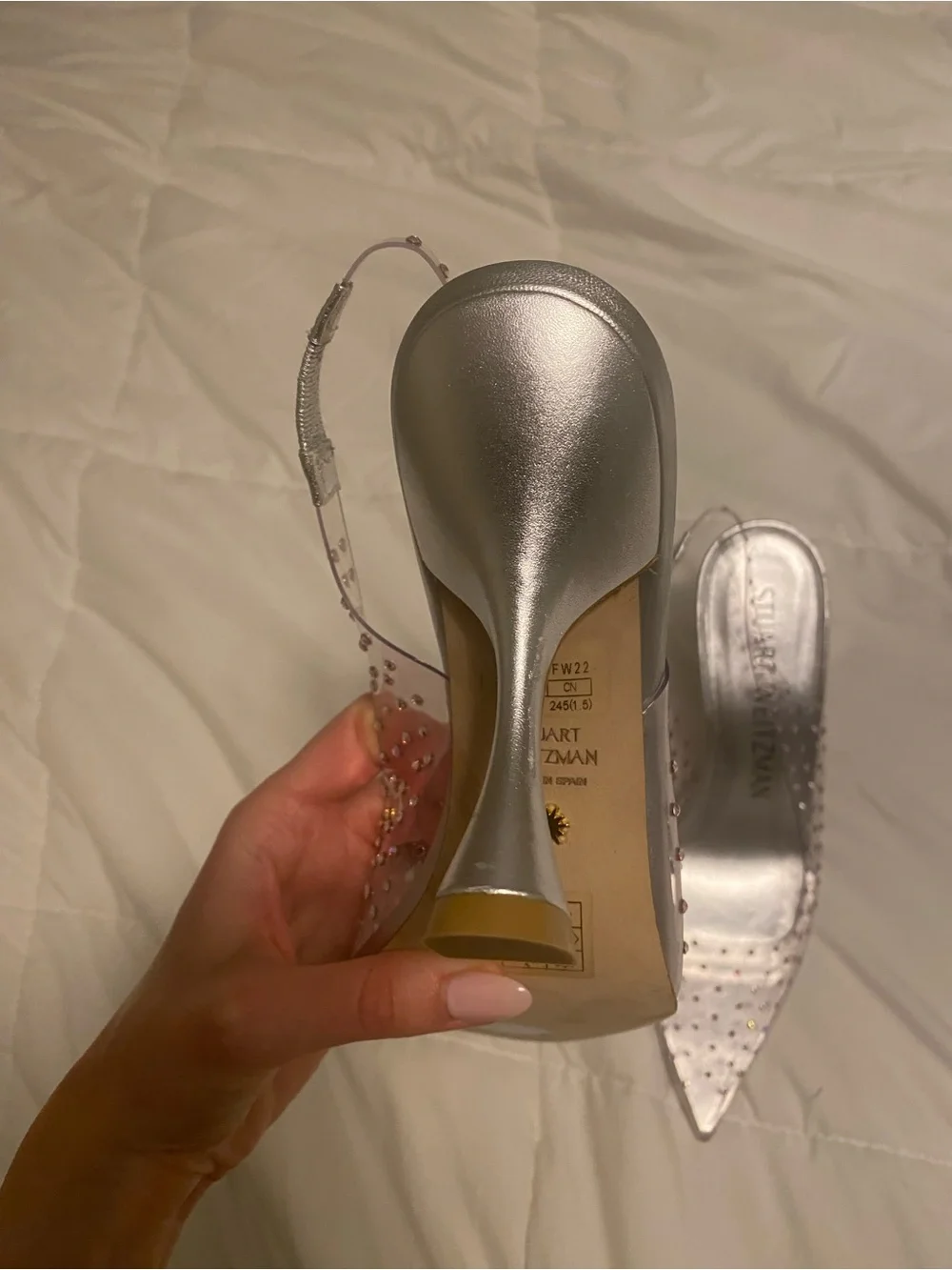 Stuart Weitzman Silver Pointed Slingback Heels with Crystal Studs - Picture 4 of 7
